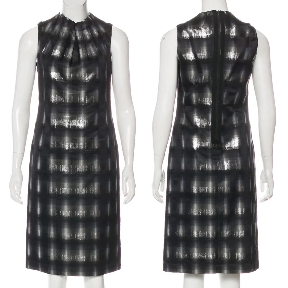 Tory Burch Sleeveless Silk Metallic Plaid Knee Length Dress